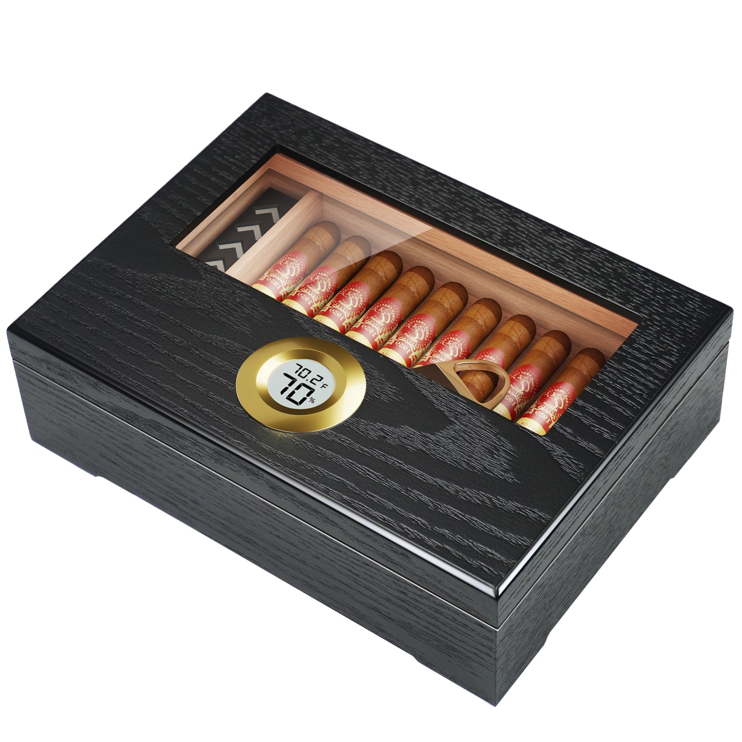 Cigar Humidor Box, Cigar Case Desktop Box Cedar Wood Cigar Box Gift for 20-25 Cigars with Glass Top and Digital Hygrometer,Black