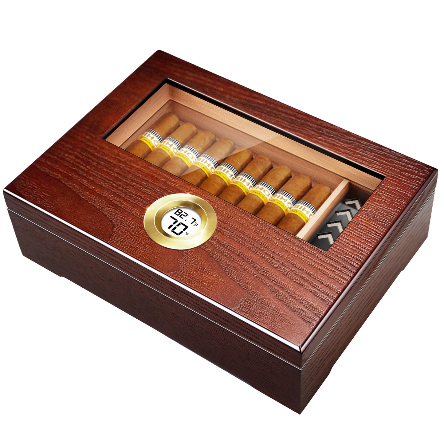 Cigar Humidor Box Cigar Case Desktop Box Cedar Wood Cigar Box Gift for 20-25 Cigars with Glass Top and Digital Hygrometer