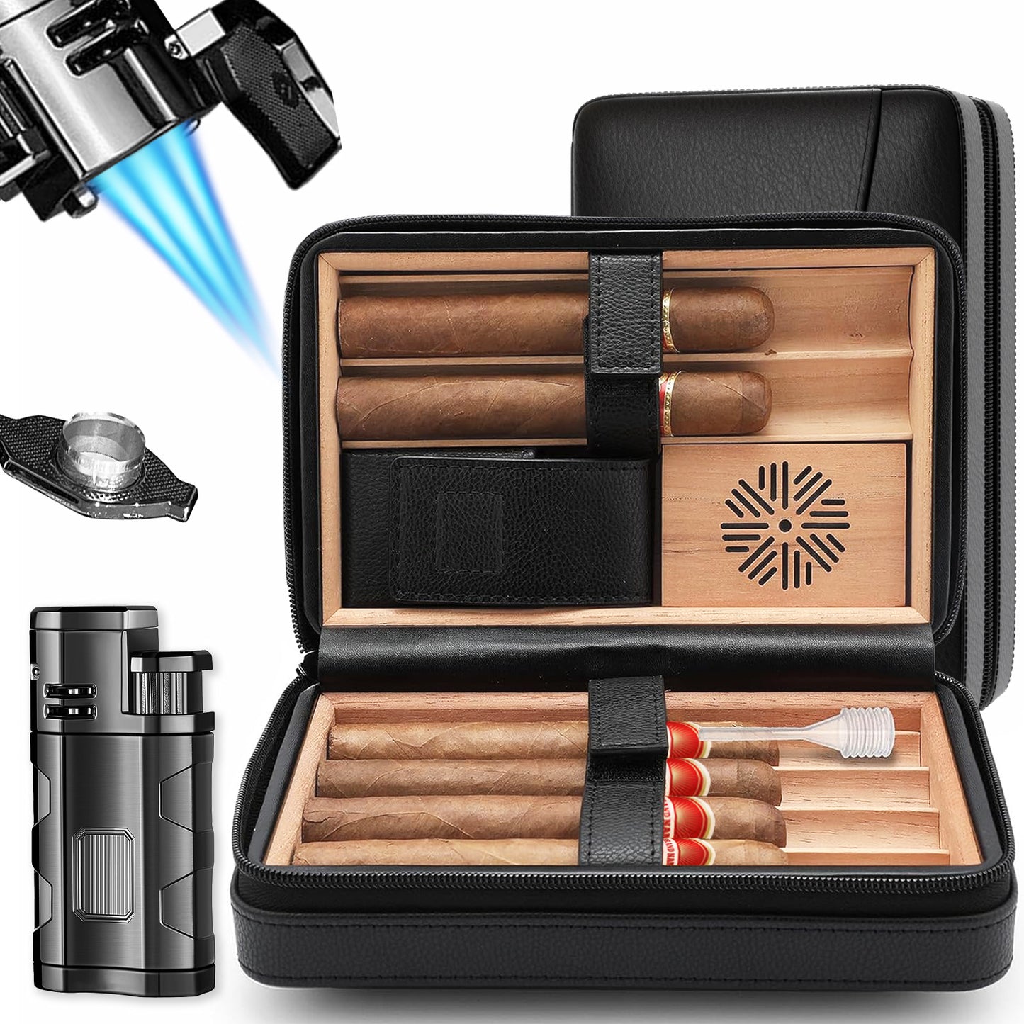 Travel Cigar Humidor Cedar Wood Leather Cigar Box Black