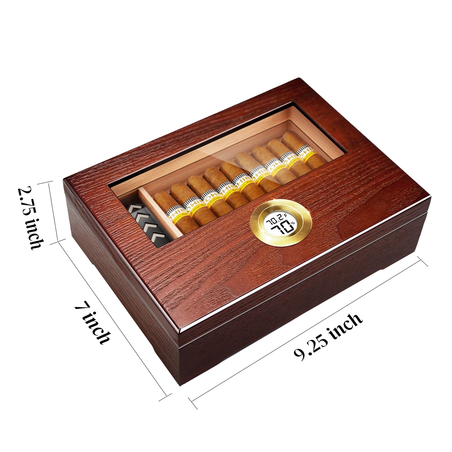 Cigar Humidor Box Cigar Case Desktop Box Cedar Wood Cigar Box Gift for 20-25 Cigars with Glass Top and Digital Hygrometer