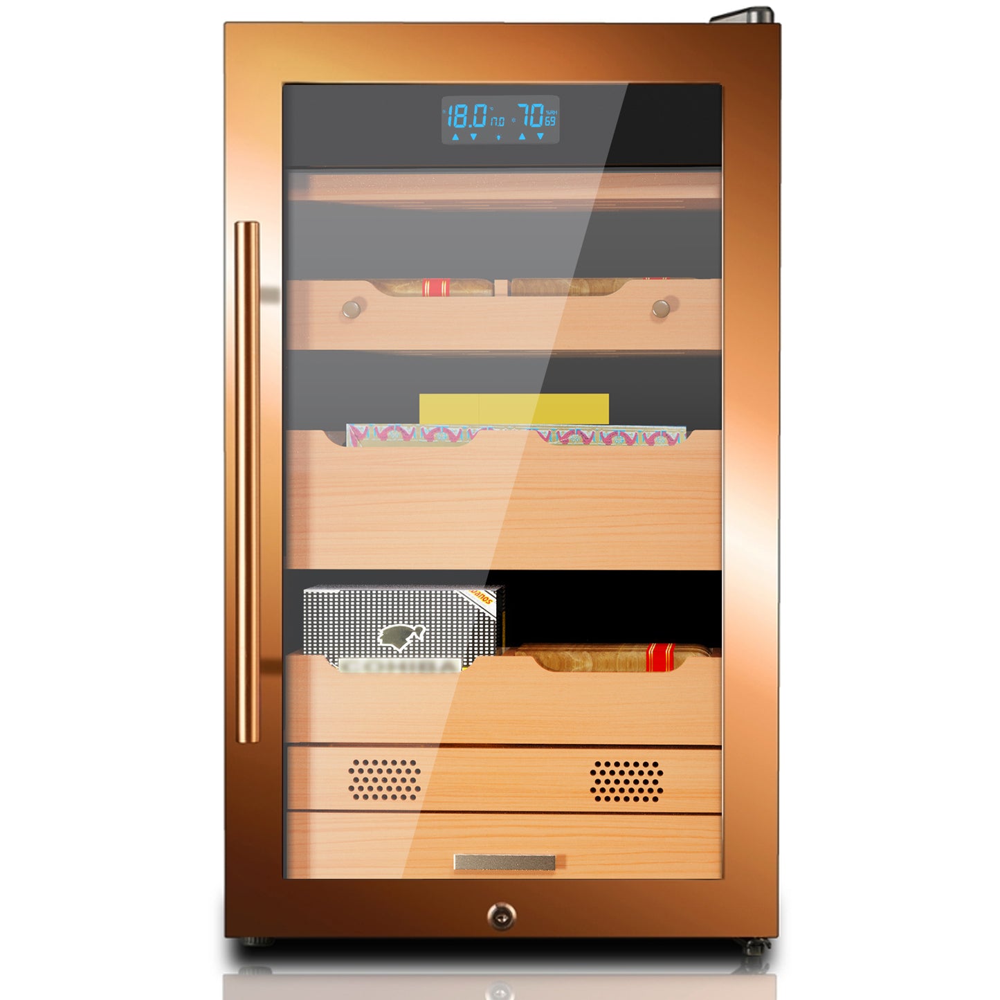 Electric Cigar Humidor 70L Compressor Cigar Cabinet with Spanish Cedar Wood Shelves Constant Temperature and Humidity Maintain The Humidity Precision Digital Controls Cooling for 350 Counts, Gold