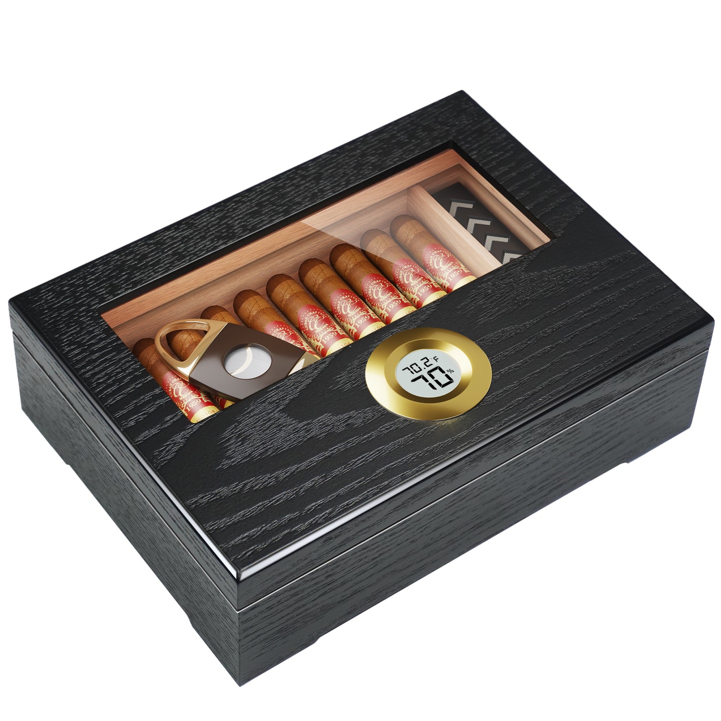 Cigar Humidor Box, Cigar Case Desktop Box Cedar Wood Cigar Box Gift for 20-25 Cigars with Glass Top and Digital Hygrometer,Black