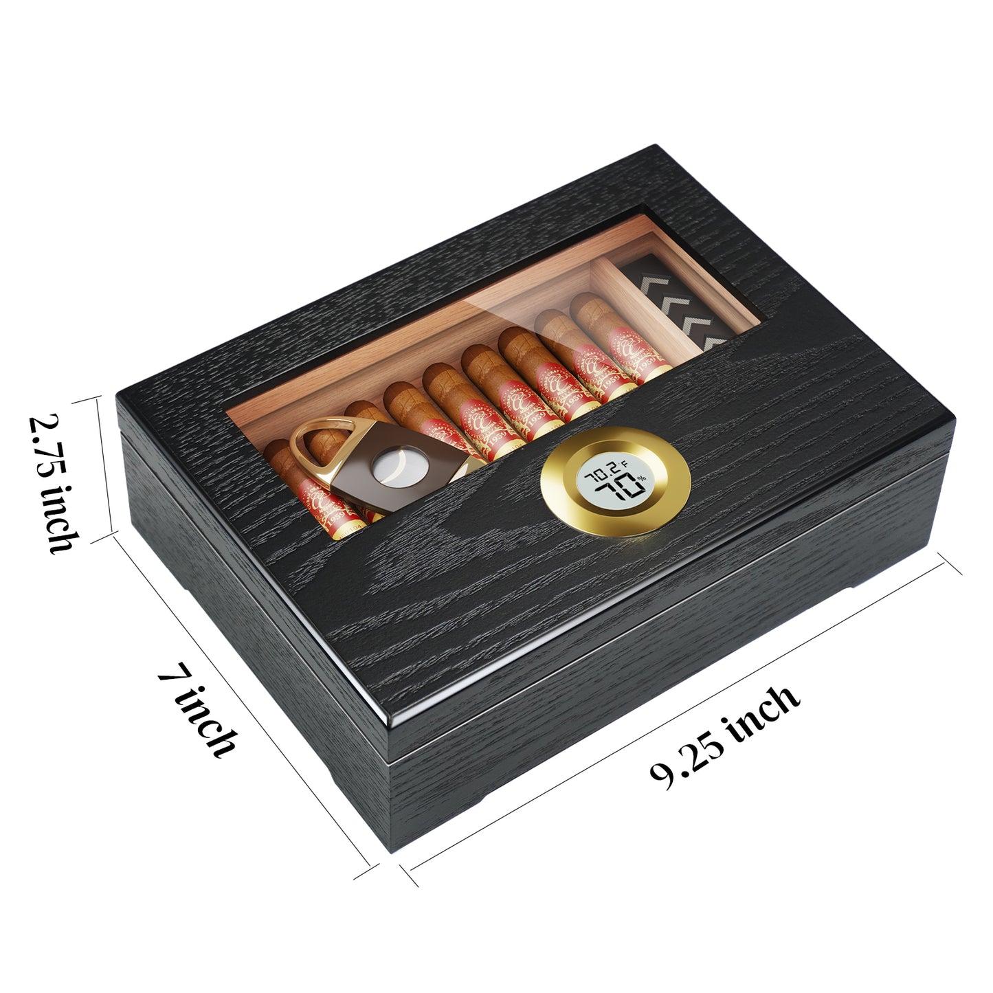 Cigar Humidor Box, Cigar Case Desktop Box Cedar Wood Cigar Box Gift for 20-25 Cigars with Glass Top and Digital Hygrometer,Black