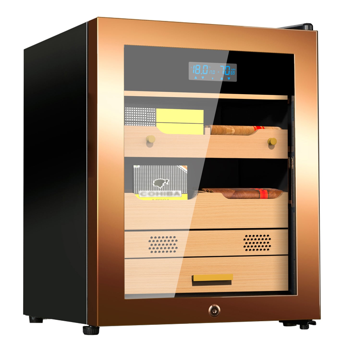 Electric Cigar Humidor 48L Compressor Cigar Cabinet with Spanish Cedar Wood Shelves Constant Temperature and Humidity Maintain The Humidity Precision Digital Controls Cooling for 200 Counts, Gold