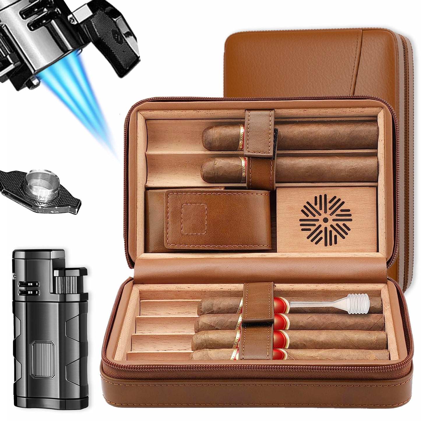 Brown Leather Travel Cigar Humidor Cedar Wood Cigar Box