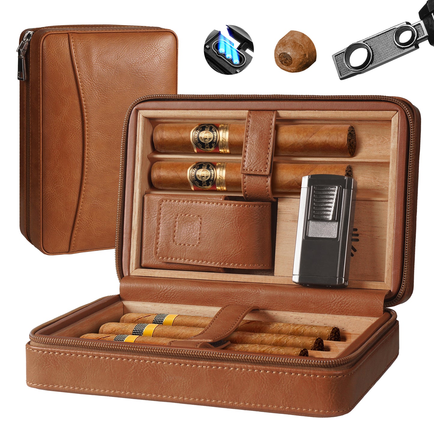 Brown Leather Travel Cigar Humidor Cedar Wood Cigar Box