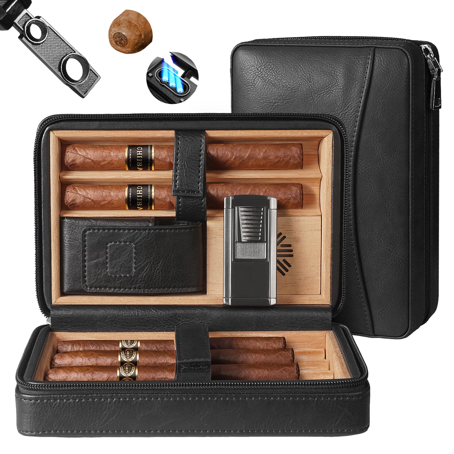 Travel Cigar Humidor Cedar Wood Leather Cigar Box Black