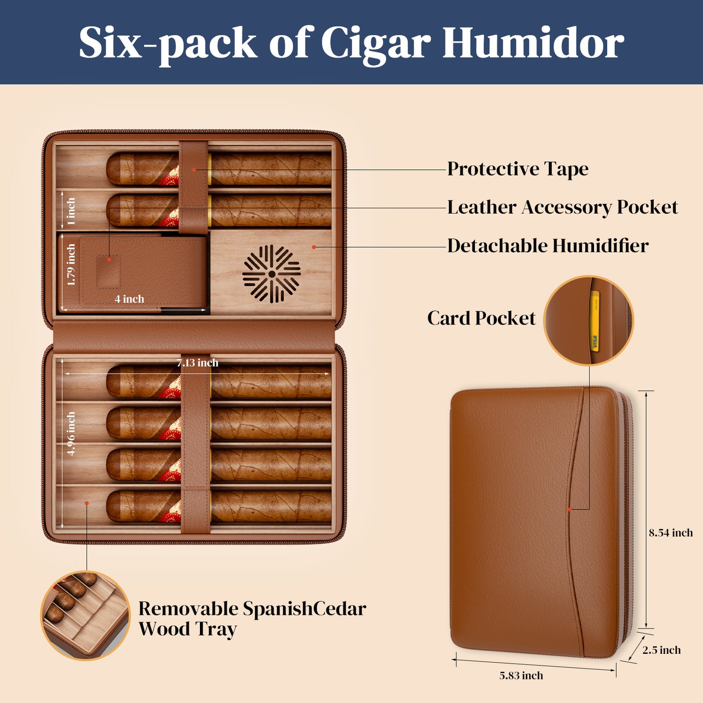 Brown Leather Travel Cigar Humidor Cedar Wood Cigar Box