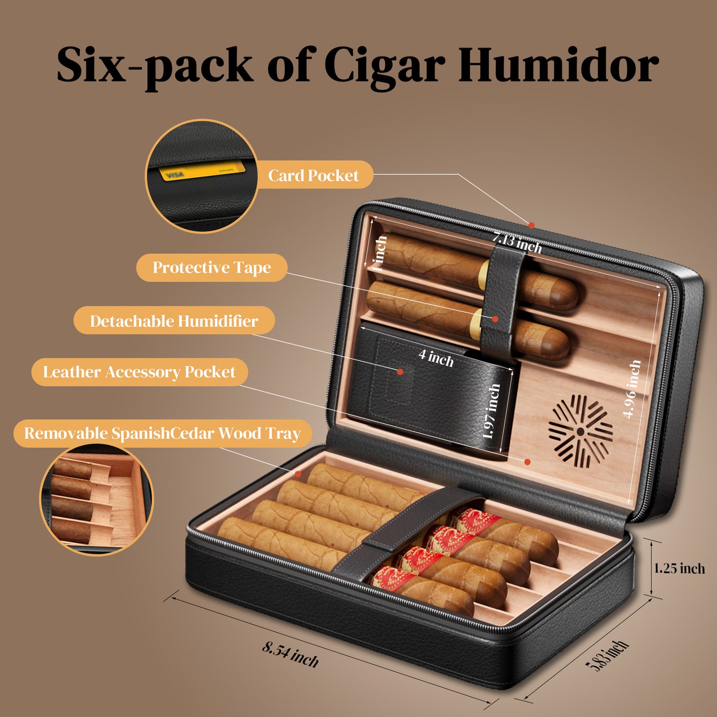 Travel Cigar Humidor Cedar Wood Leather Cigar Box Black