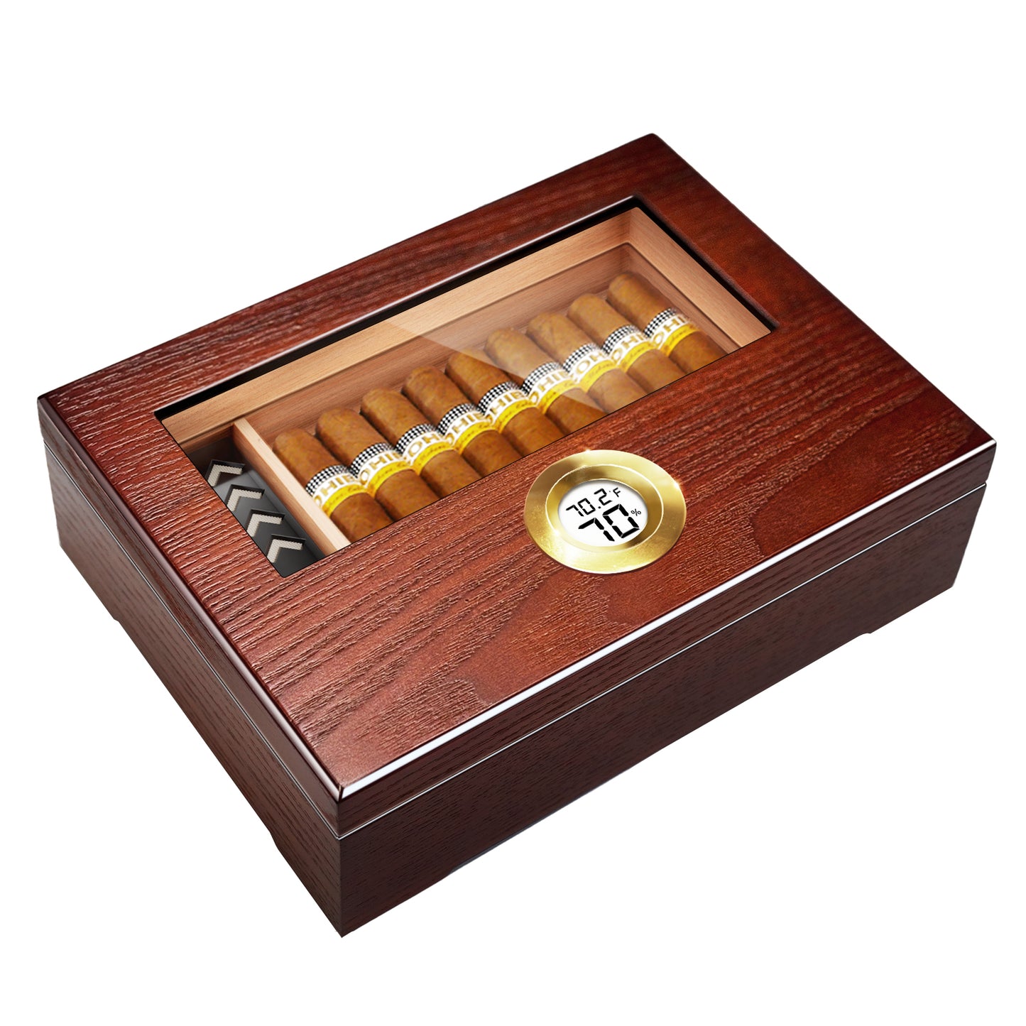 Cigar Humidor Box Cigar Case Desktop Box Cedar Wood Cigar Box Gift for 20-25 Cigars with Glass Top and Digital Hygrometer