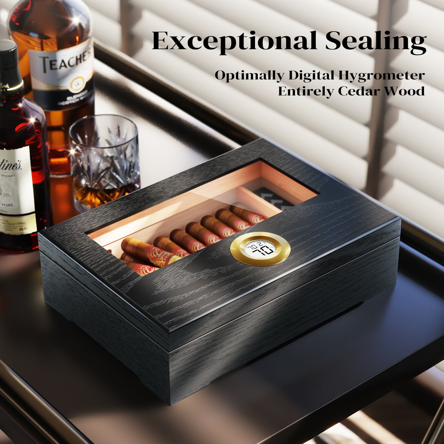 Cigar Humidor Box, Cigar Case Desktop Box Cedar Wood Cigar Box Gift for 20-25 Cigars with Glass Top and Digital Hygrometer,Black