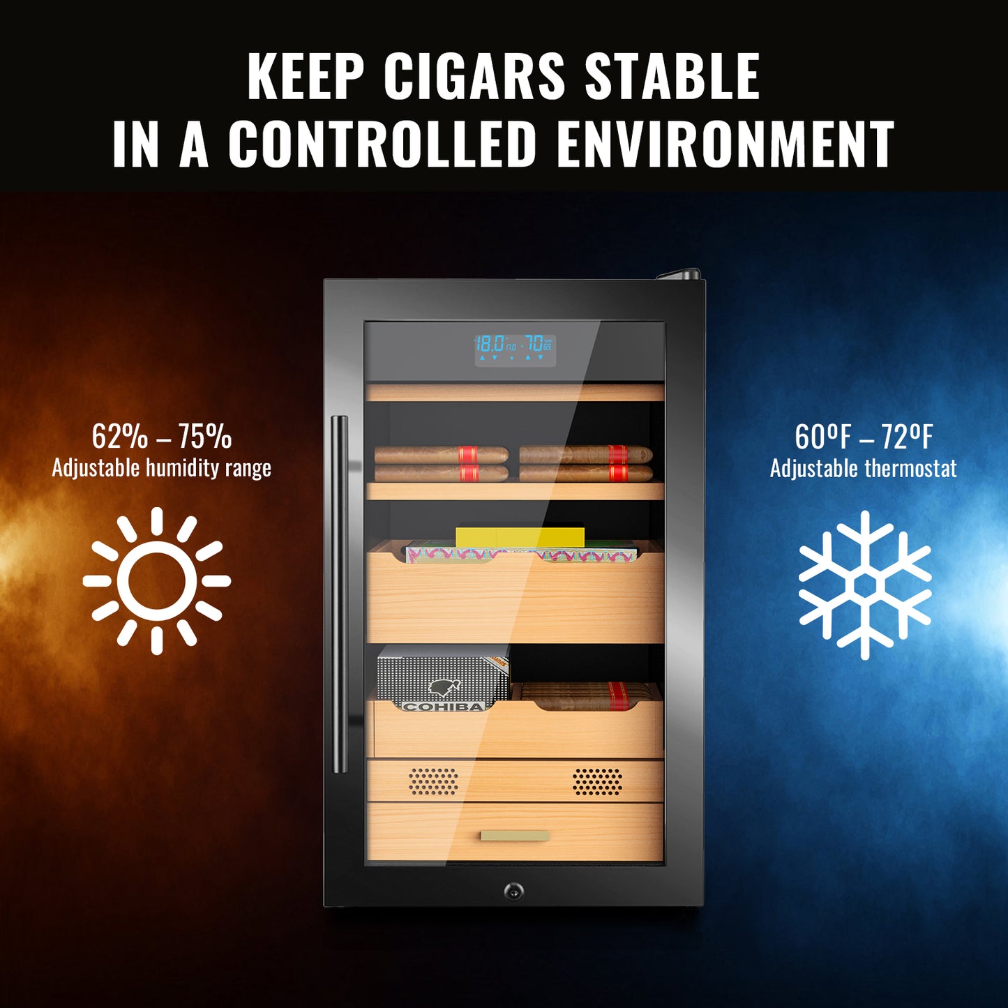 Electric Cigar Humidor 70L Compressor Cigar Cabinet with Spanish Cedar Wood Shelves Constant Temperature and Humidity Maintain The Humidity Precision Digital Controls Cooling for 350 Counts, Black