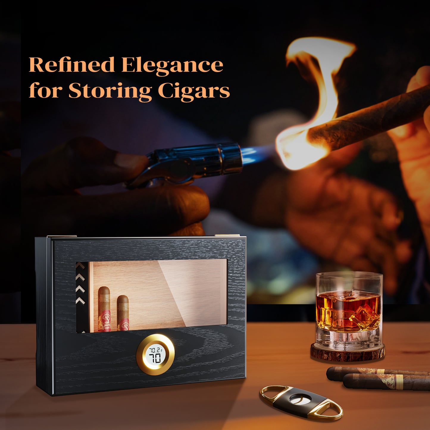 Cigar Humidor Box, Cigar Case Desktop Box Cedar Wood Cigar Box Gift for 20-25 Cigars with Glass Top and Digital Hygrometer,Black