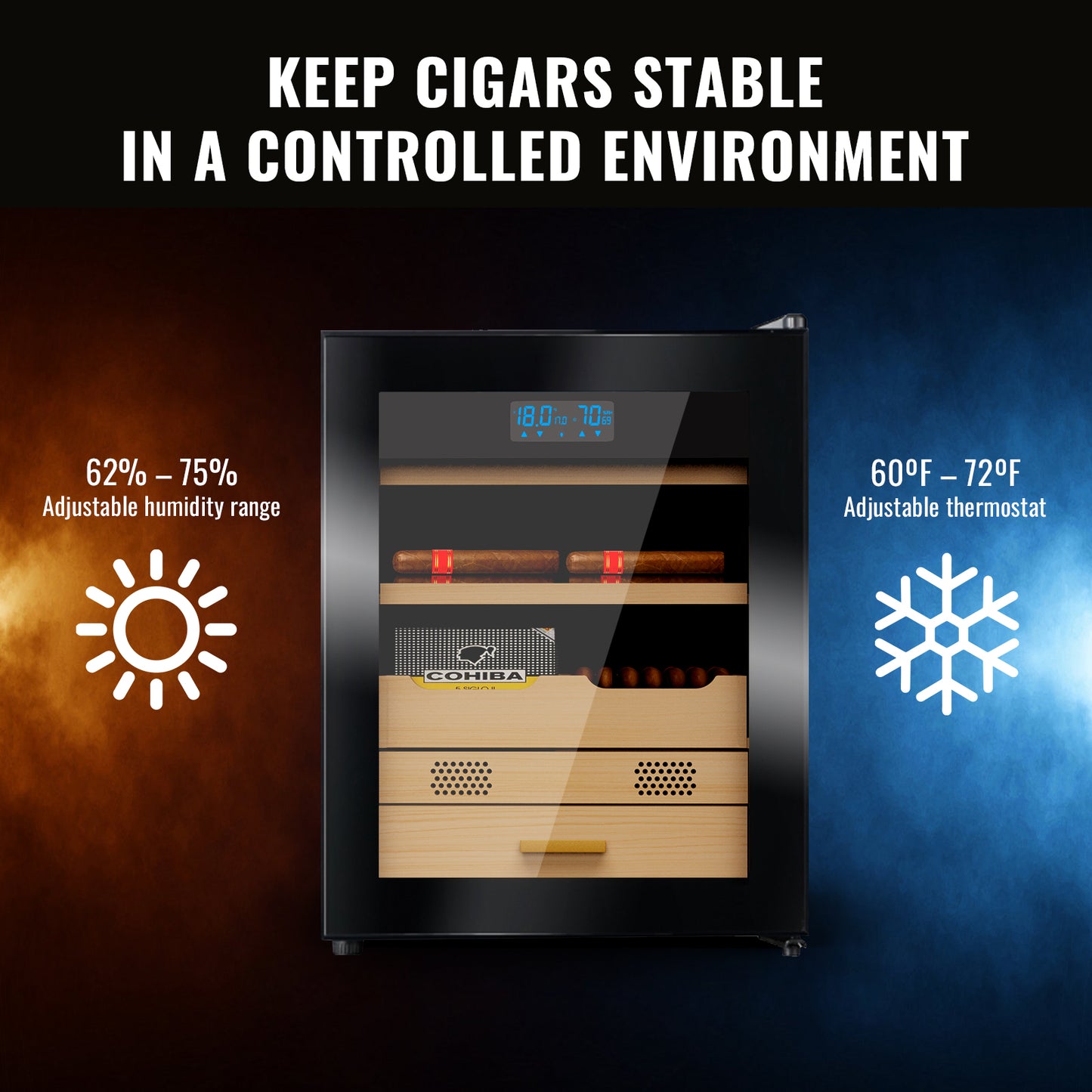 Electric Cigar Humidor 48L Compressor Cigar Cabinet with Spanish Cedar Wood Shelves Constant Temperature and Humidity Maintain The Humidity Precision Digital Controls Cooling for 200 Counts, Black