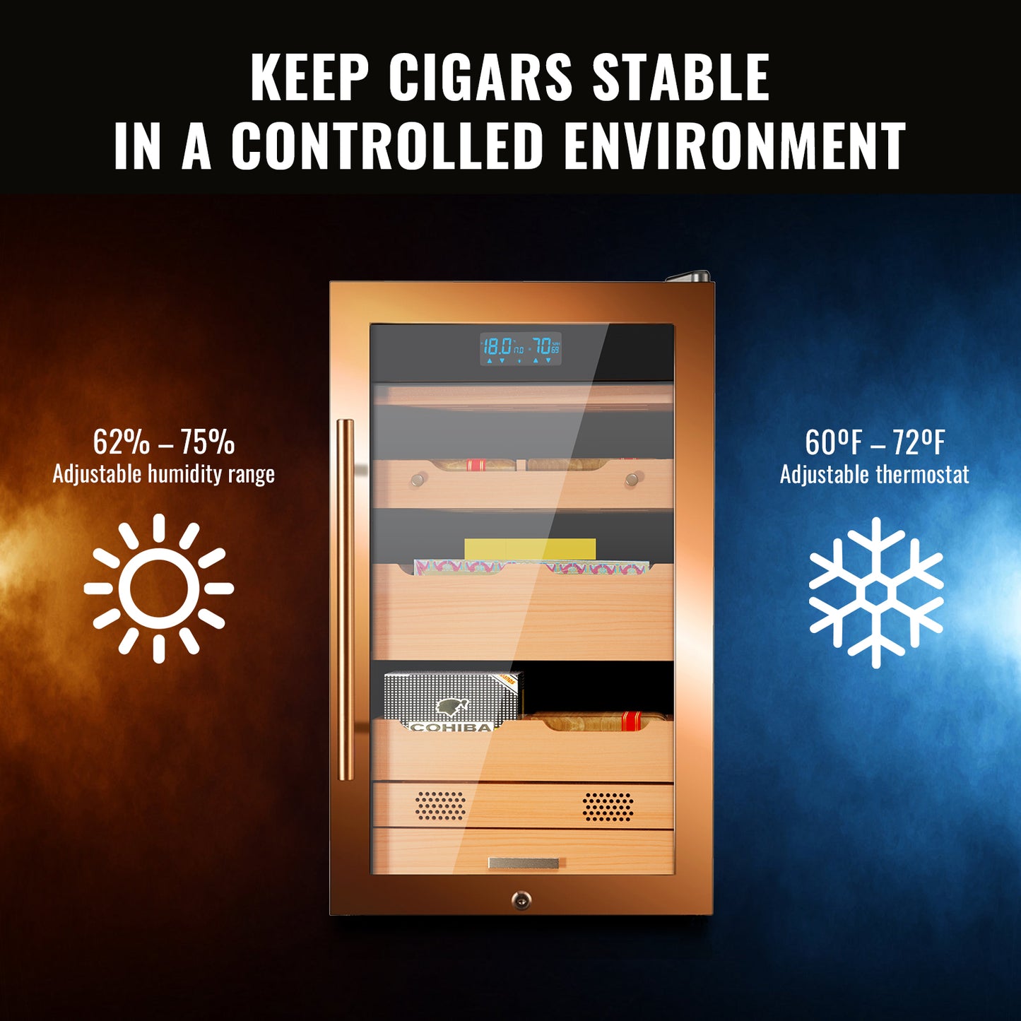 Electric Cigar Humidor 70L Compressor Cigar Cabinet with Spanish Cedar Wood Shelves Constant Temperature and Humidity Maintain The Humidity Precision Digital Controls Cooling for 350 Counts, Gold