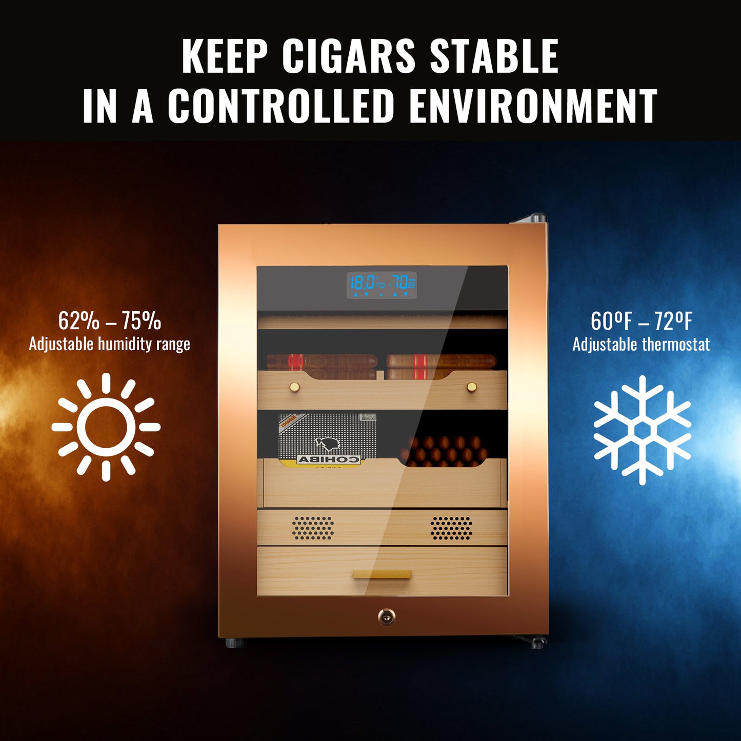 Electric Cigar Humidor 48L Compressor Cigar Cabinet with Spanish Cedar Wood Shelves Constant Temperature and Humidity Maintain The Humidity Precision Digital Controls Cooling for 200 Counts, Gold