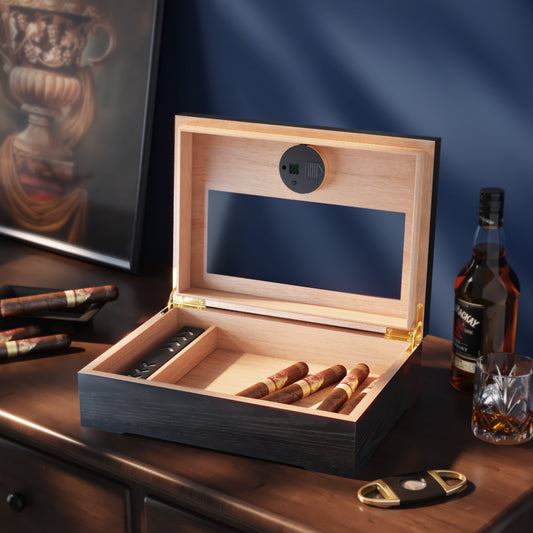 Cigar Humidor Box, Cigar Case Desktop Box Cedar Wood Cigar Box Gift for 20-25 Cigars with Glass Top and Digital Hygrometer,Black