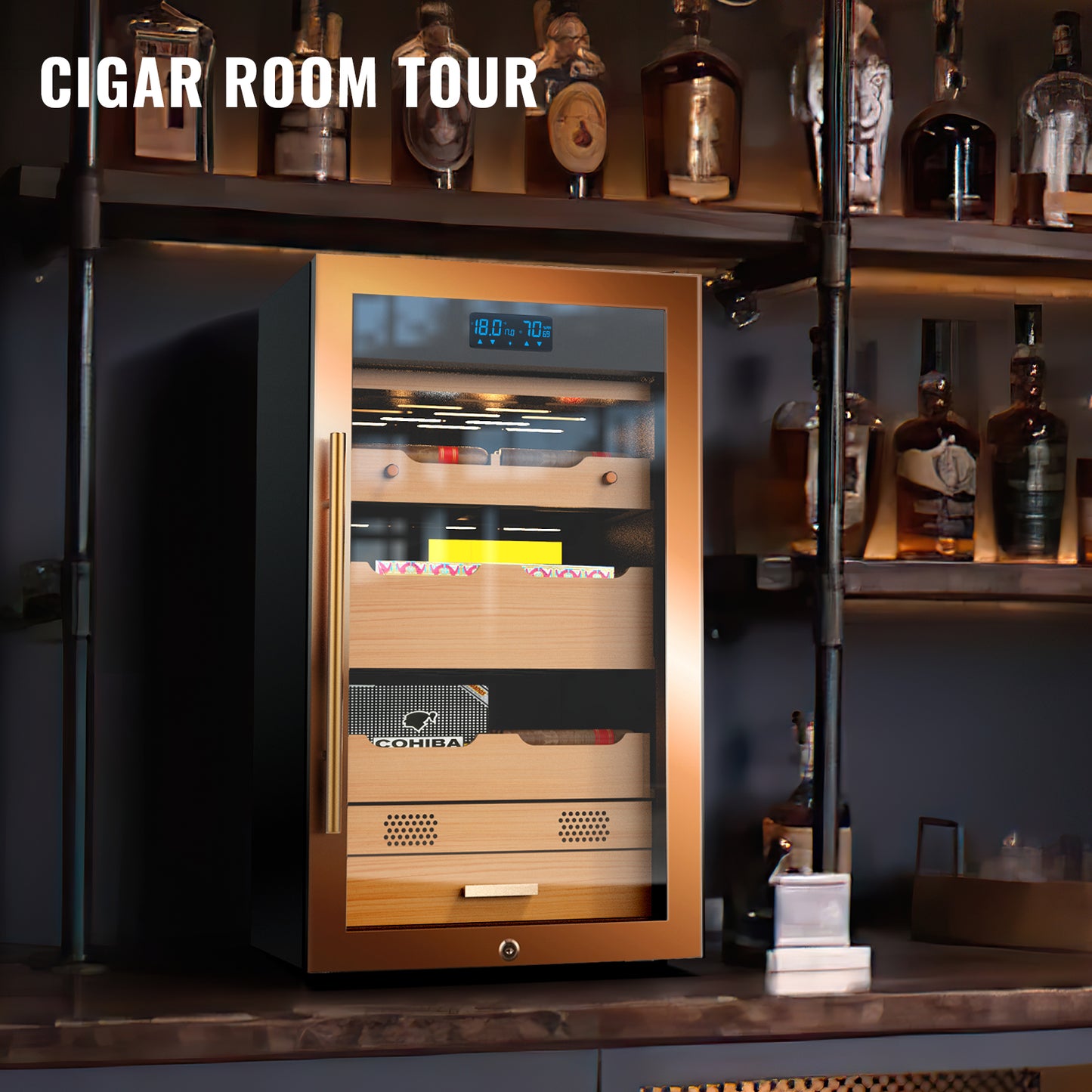 Electric Cigar Humidor 70L Compressor Cigar Cabinet with Spanish Cedar Wood Shelves Constant Temperature and Humidity Maintain The Humidity Precision Digital Controls Cooling for 350 Counts, Gold