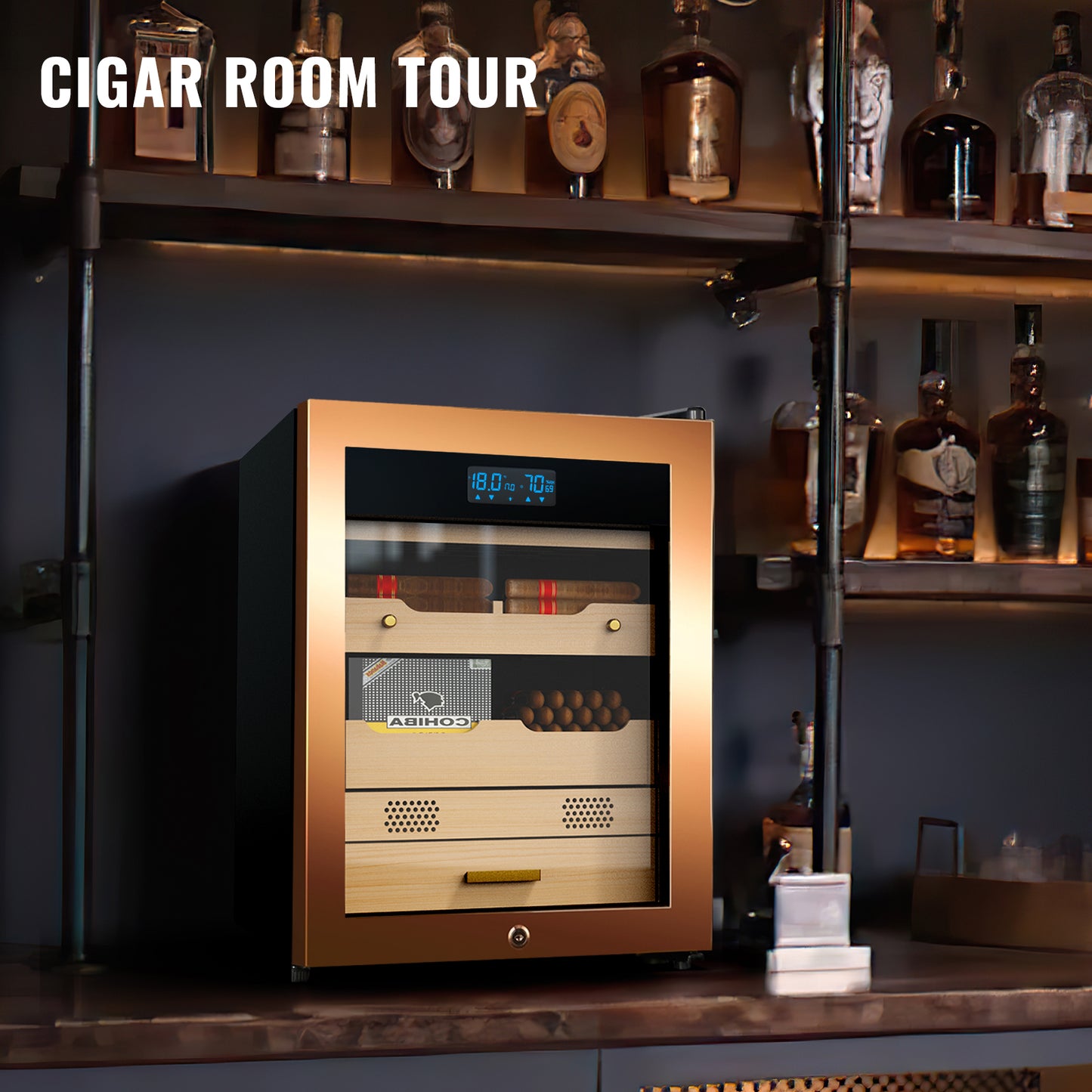 Electric Cigar Humidor 48L Compressor Cigar Cabinet with Spanish Cedar Wood Shelves Constant Temperature and Humidity Maintain The Humidity Precision Digital Controls Cooling for 200 Counts, Gold