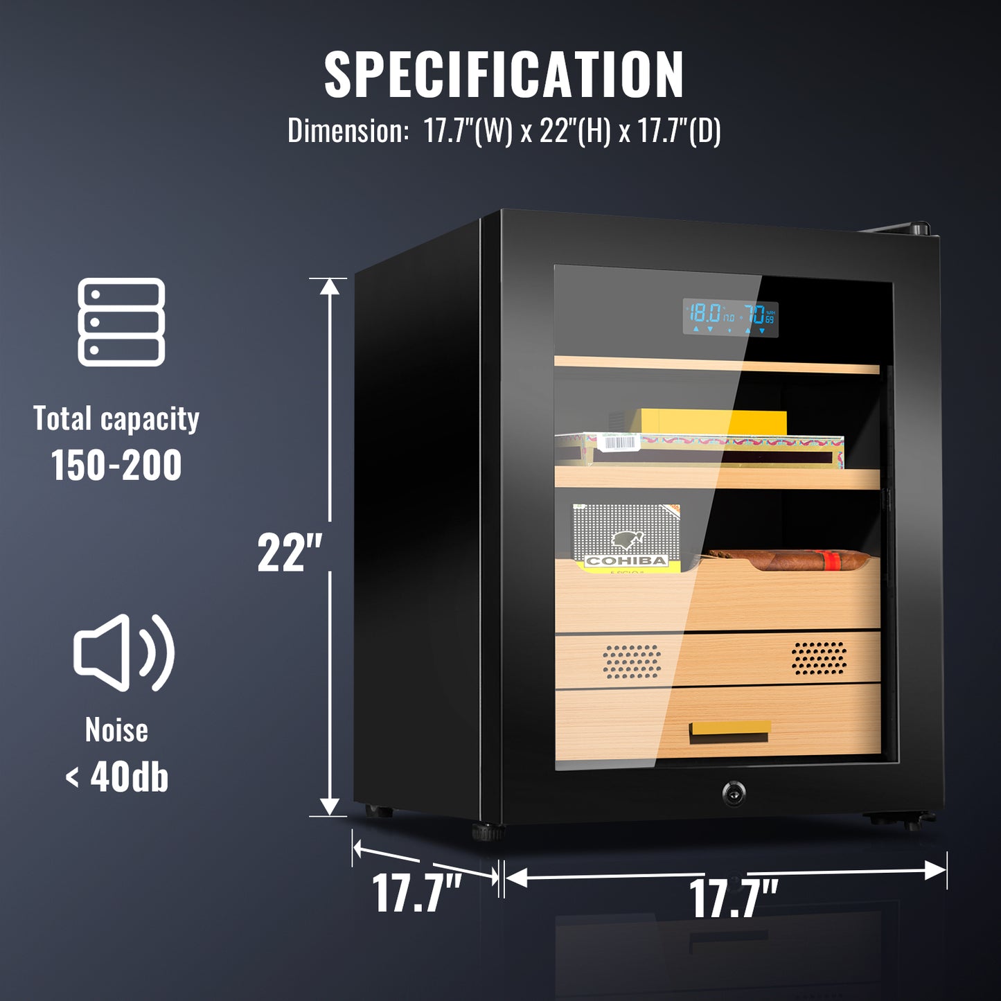 Electric Cigar Humidor 48L Compressor Cigar Cabinet with Spanish Cedar Wood Shelves Constant Temperature and Humidity Maintain The Humidity Precision Digital Controls Cooling for 200 Counts, Black