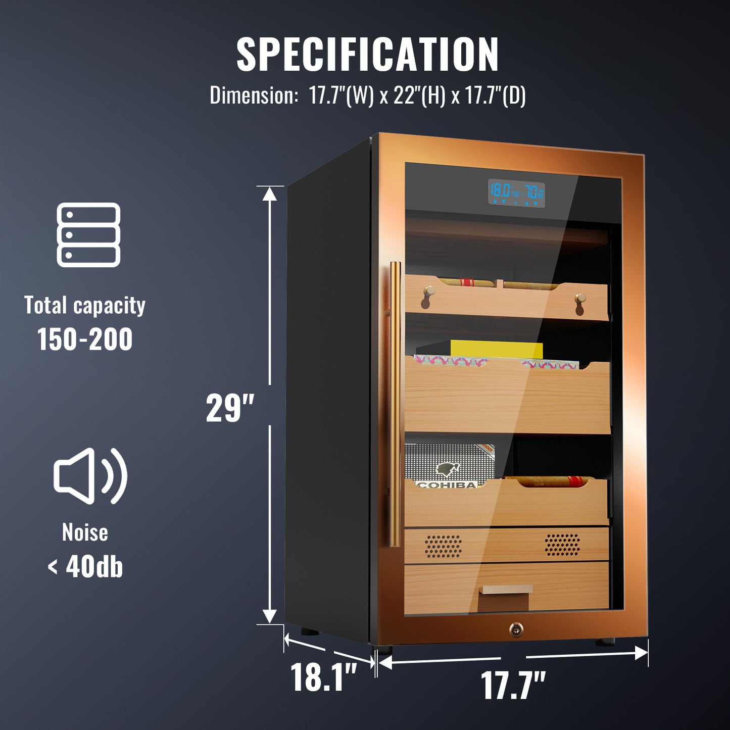 Electric Cigar Humidor 70L Compressor Cigar Cabinet with Spanish Cedar Wood Shelves Constant Temperature and Humidity Maintain The Humidity Precision Digital Controls Cooling for 350 Counts, Gold