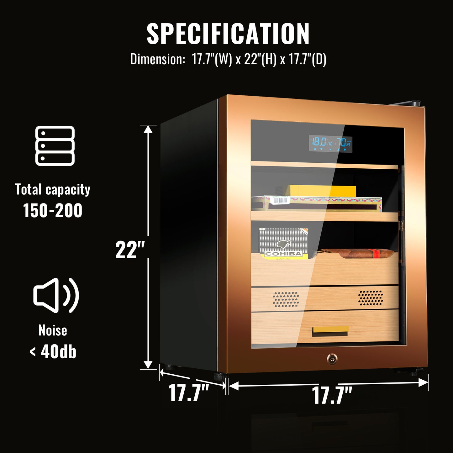 Electric Cigar Humidor 48L Compressor Cigar Cabinet with Spanish Cedar Wood Shelves Constant Temperature and Humidity Maintain The Humidity Precision Digital Controls Cooling for 200 Counts, Gold