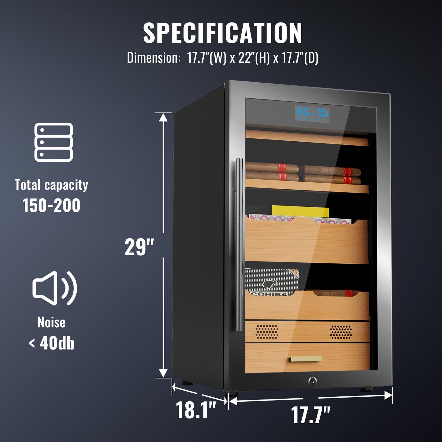 Electric Cigar Humidor 70L Compressor Cigar Cabinet with Spanish Cedar Wood Shelves Constant Temperature and Humidity Maintain The Humidity Precision Digital Controls Cooling for 350 Counts, Black