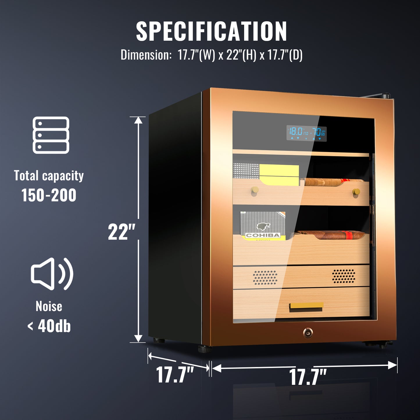 Electric Cigar Humidor 48L Compressor Cigar Cabinet with Spanish Cedar Wood Shelves Constant Temperature and Humidity Maintain The Humidity Precision Digital Controls Cooling for 200 Counts, Gold