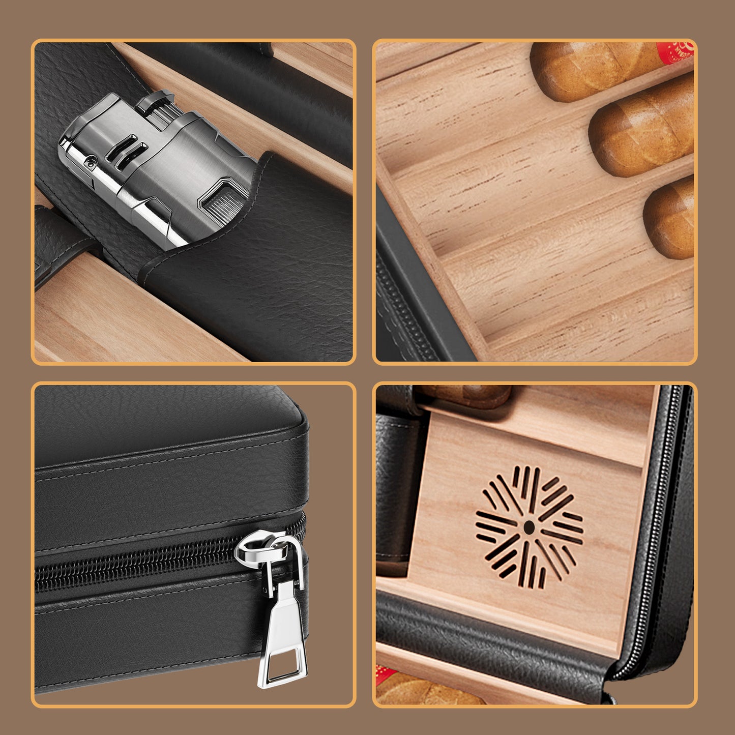 Travel Cigar Humidor Cedar Wood Leather Cigar Box Black