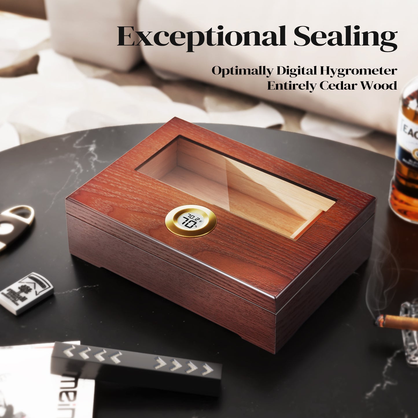 Cigar Humidor Box Cigar Case Desktop Box Cedar Wood Cigar Box Gift for 20-25 Cigars with Glass Top and Digital Hygrometer