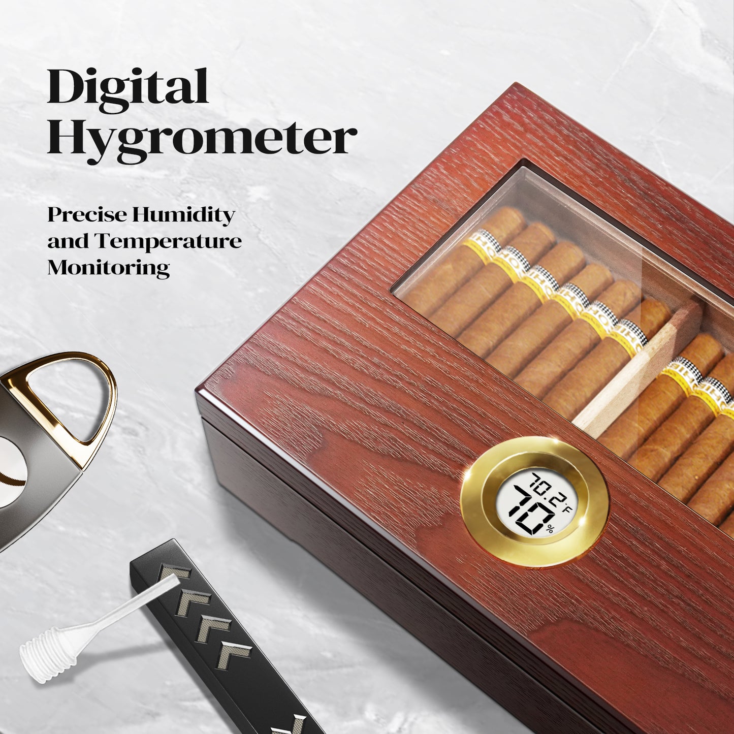 Cigar Humidor Box Cigar Case Desktop Box Cedar Wood Cigar Box Gift for 20-25 Cigars with Glass Top and Digital Hygrometer