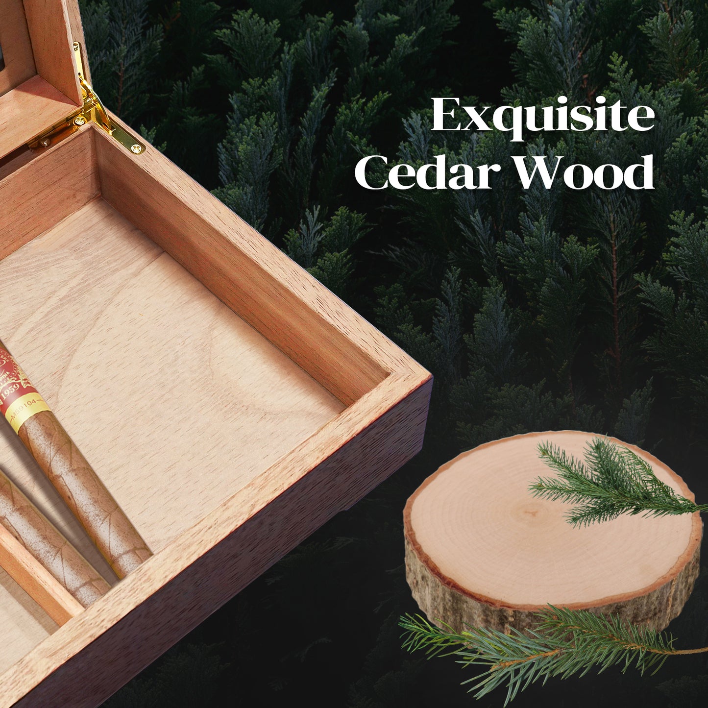 Cigar Humidor Box Cigar Case Desktop Box Cedar Wood Cigar Box Gift for 20-25 Cigars with Glass Top and Digital Hygrometer